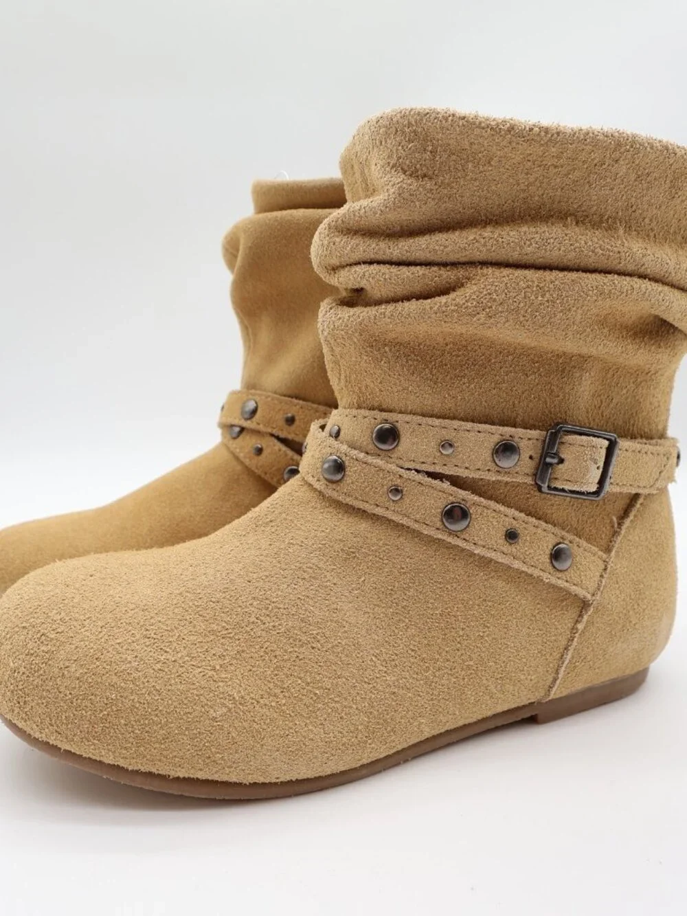 L'Amour Slouchy Buckle Boots Toddler Size 1 Tan Leather Studded Ankle
